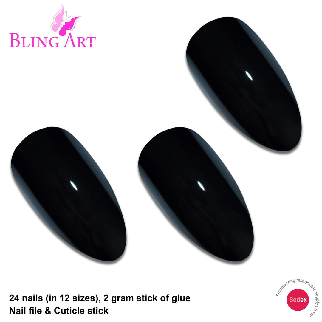 Almond False Nails Fake Stiletto Black Acrylic 24 Long Tips with Glue