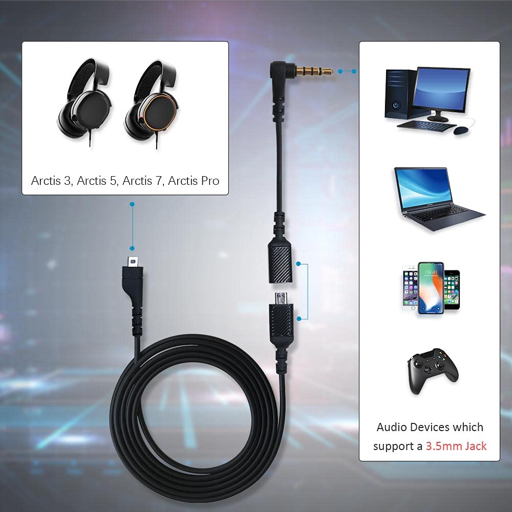 Replacement Cable Cord Compatible with SteelSeries Arctis 3, Arctis Pro Wireless, Arctis 5, Arctis 7, Arctis Pro Gaming Headset, Audio Cable 3.5mm Fit for GameDac(2 in 1, Black)
