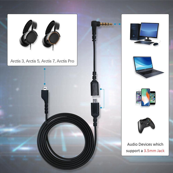 Replacement Cable Cord Compatible with SteelSeries Arctis 3, Arctis Pro Wireless, Arctis 5, Arctis 7, Arctis Pro Gaming Headset, Audio Cable 3.5mm Fit for GameDac(2 in 1, Black)