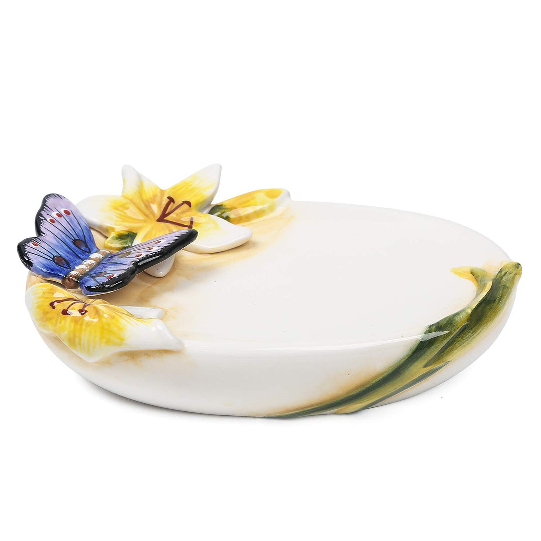 Ceramic Soap Dish Holder, for Bathroom,Tub and Kitchen Sink,3D Butterfly and Lily Design