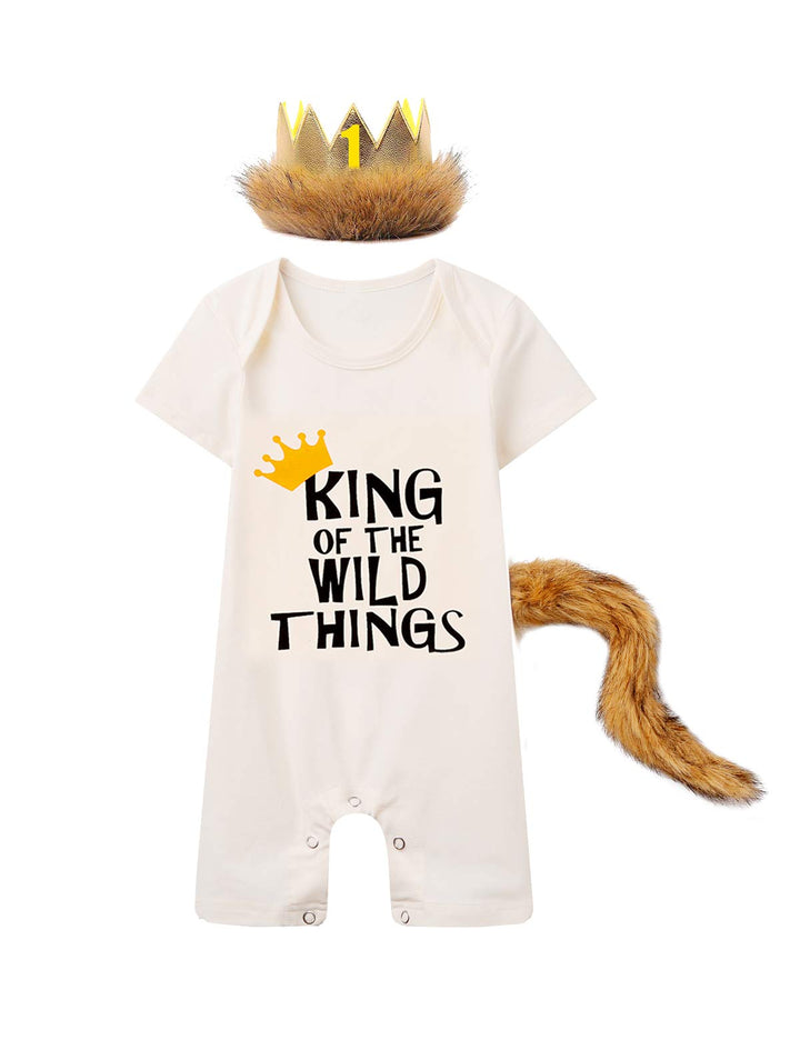 Baby Boys 1st Birthday Outfit King of The Wild Thing Jumpsuit Baby First Birthday Outfit (Beige-Short Sleeve,6-12 Months)