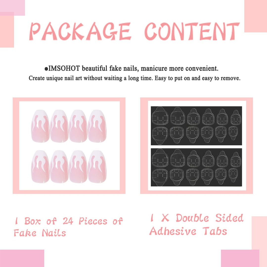 Medium Coffin Press on Nails Glossy Flame Pink Fake Nails Ballerina False Nails with Designs Acrylic Nails for Women and Girls