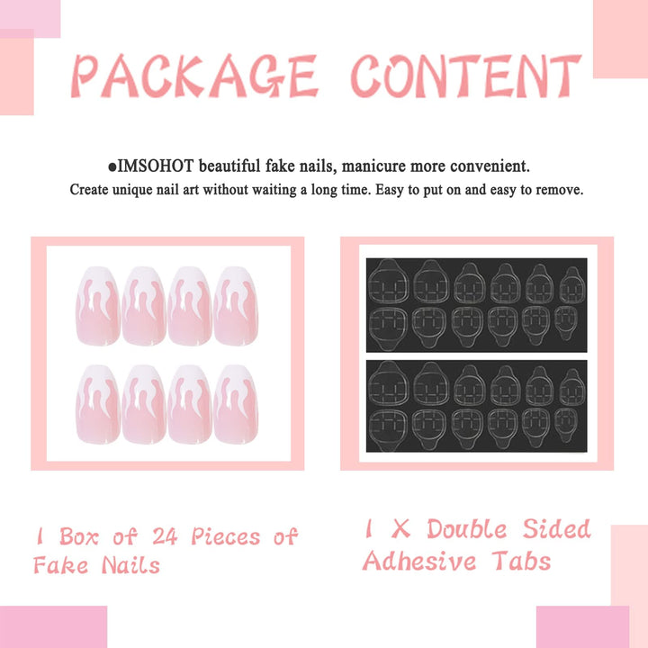 Medium Coffin Press on Nails Glossy Flame Pink Fake Nails Ballerina False Nails with Designs Acrylic Nails for Women and Girls