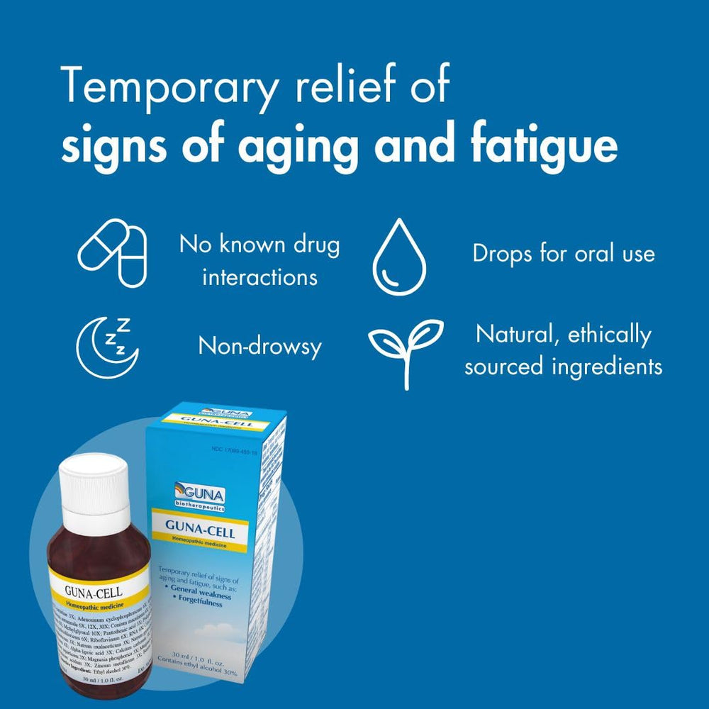Guna Cell Homeopathic Provides Temporary relief of signs of aging and fatigue, such as: general weakness and forgetfulness. - 1 Ounce