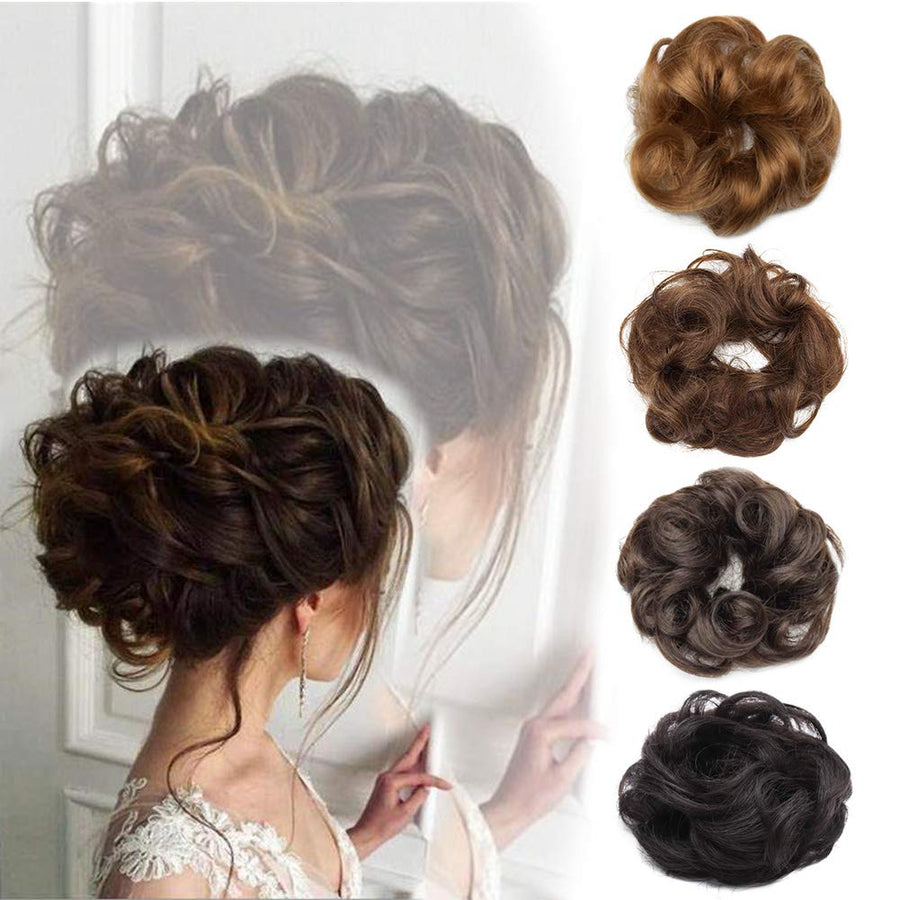 Human Hair Scrunchy Updo Messy Bun Hair Piece Wavy Curly Scrunchie Hair Bun with Elastic Rubber Band Top Knot Chignons for Women Wedding Party Hairpiece Medium Brown 1pc