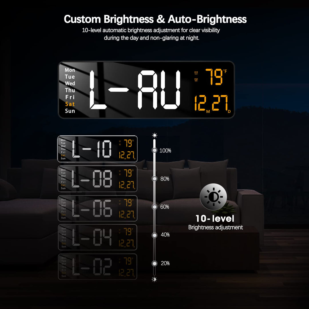 Modern 16 Large Digital Wall Clock with Remote Control, LED Display, Auto-Dimming, Countdown, Temperature, Calendar - 12/24Hr Format - Silent Wall Clock for Home, Office, or Gym Use (Orange)