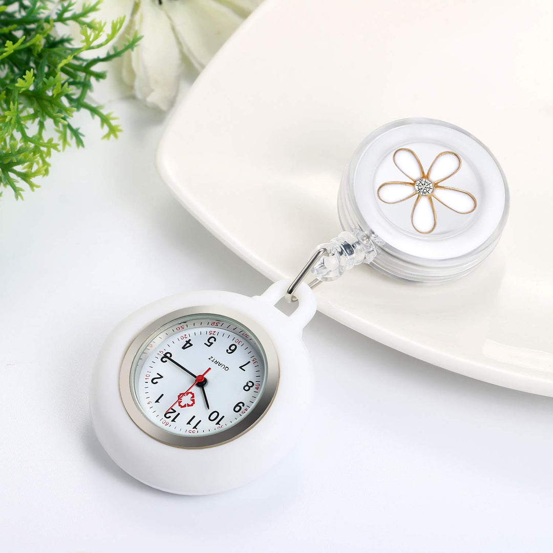 Retractable Nurse Watches Clip-on Hanging Fob Watches Cute Flower Pattern Lapel Watches for Nurses Doctors with Silicone Cover