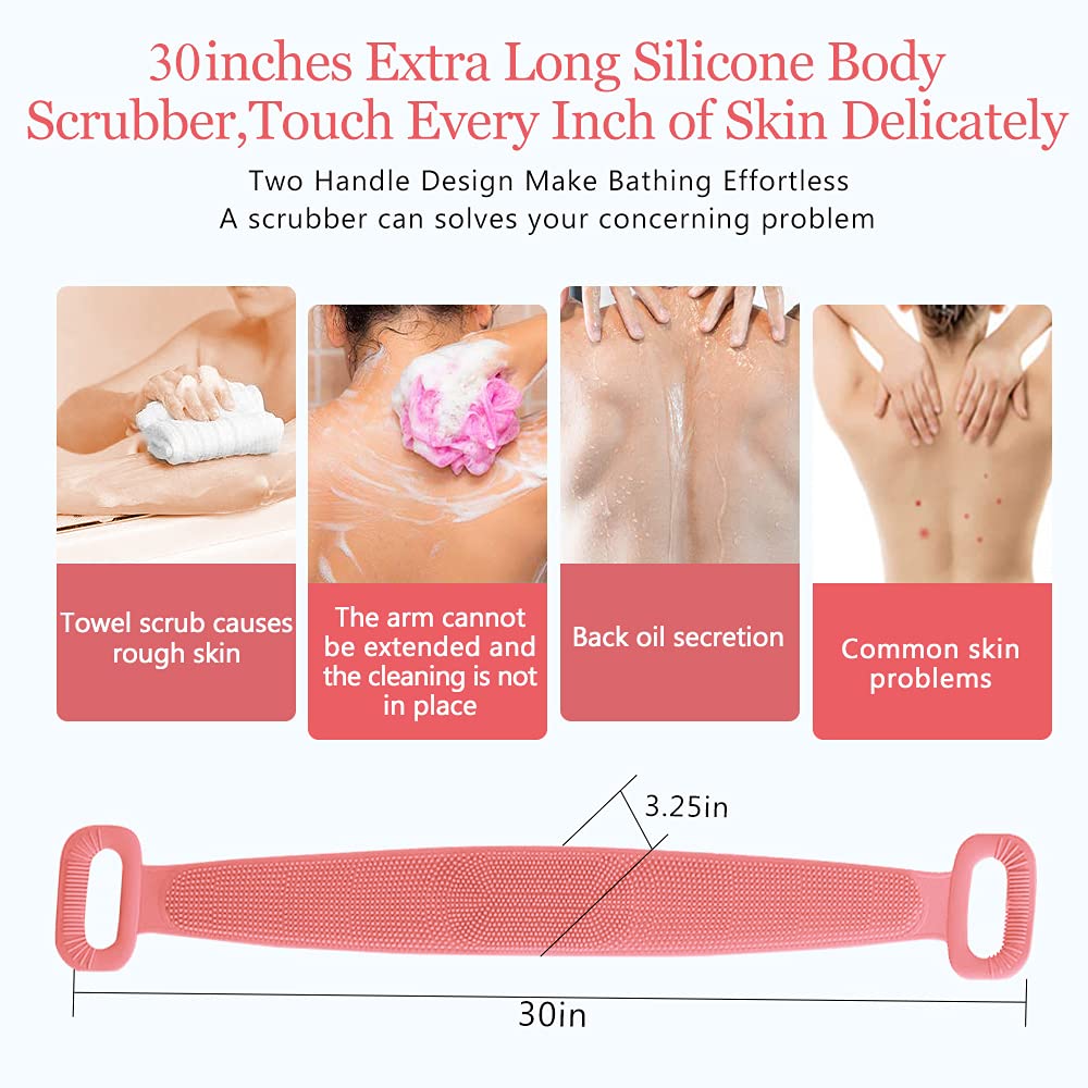 Back Scrubber for Shower,30inches and 35Ã‚½ inches Two Size for Choosing Bath Body Brush Silicone Back Brush Extra Long Exfoliating Body Scrubber with Handle for Men and Women.(Pink)