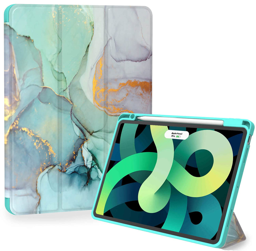 Case for iPad Air 5th/4th Generation Case, Slim Trifold iPad Air 5/4 Case 10.9 Inch 2022/2020 Soft TPU Back Cover with Pencil Holder &amp; Auto Wake/Sleep for iPad Air 5th/4th Gen, Green Marble