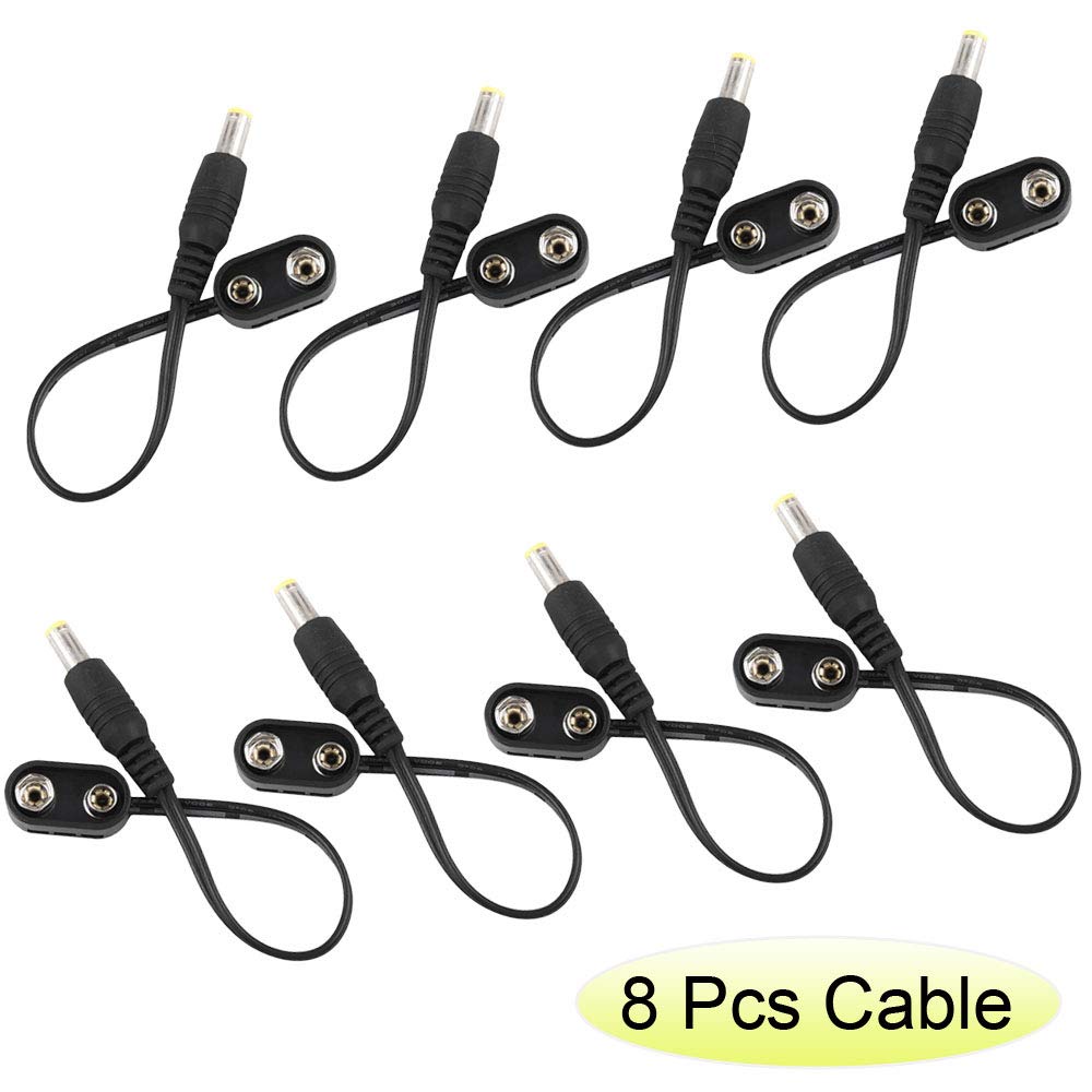 9V Battery Clip Converter Power Cable Snap Connector 2.1mm 5.5mm Plug for Guitar Effect Pedal (Straight Angle, 8 Cable)
