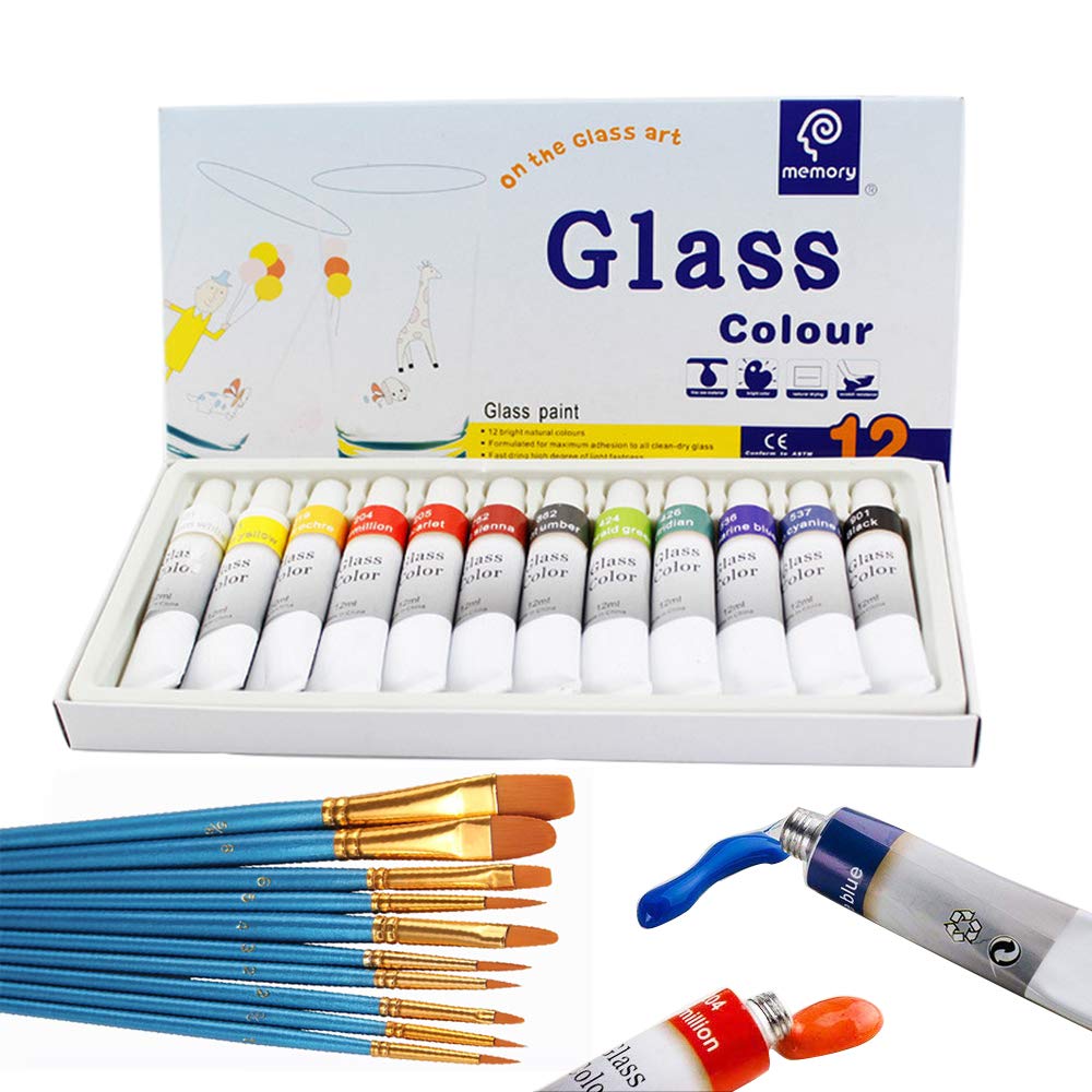 Stain Glass Paint, Non-Toxic Window Paint, Permanent Glass Paint Kit, Lacquer Based for Superior Stained Glass Art Paint, Glass Painting with 10Pieces Round Pointed Tip Nylon Hair Brush