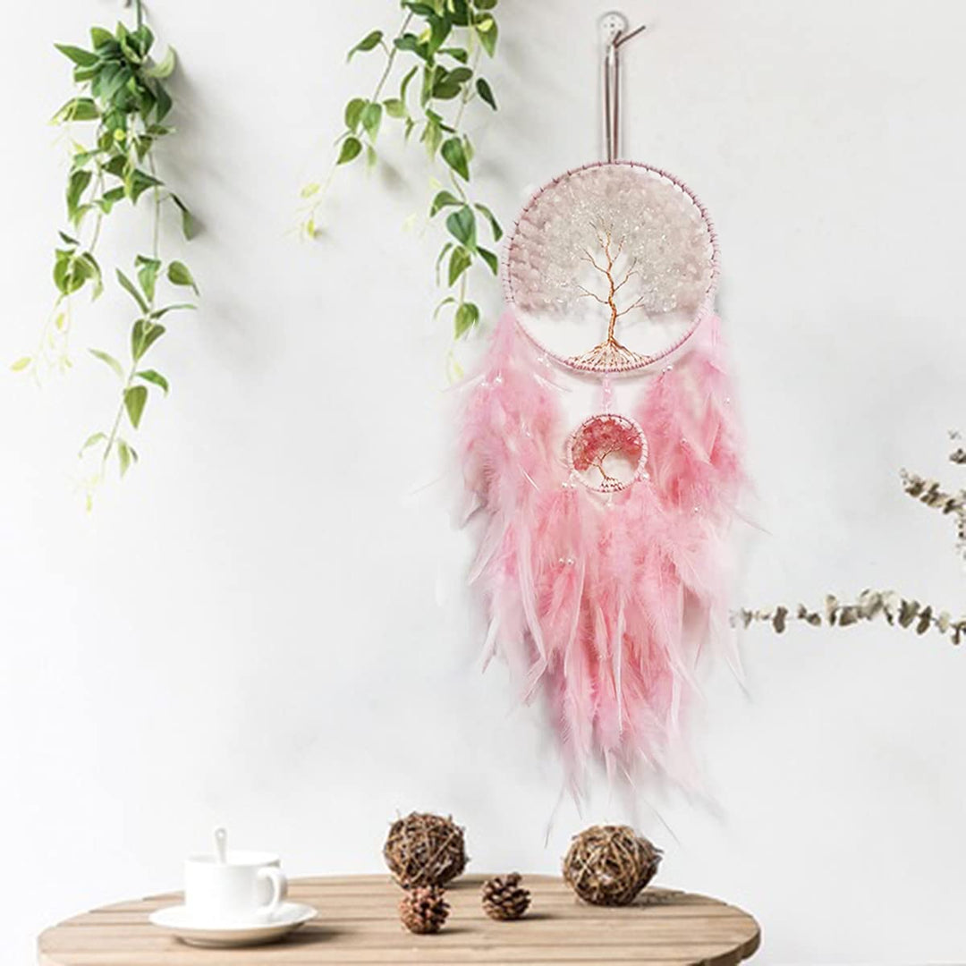 Dream Catcher, Handmade Dreamcatcher with Healing Crystal Stone, Tree of Life Dream Catchers Hanging Ornament for Home Bedroom Birthday Party, Perfect Craft Gift for Kids (Double Pink)