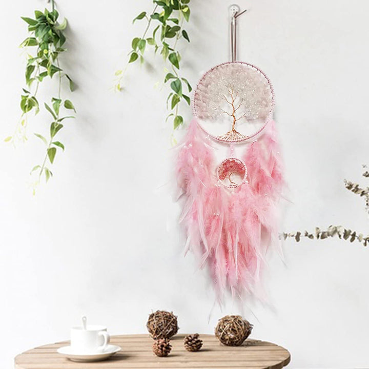 Dream Catcher, Handmade Dreamcatcher with Healing Crystal Stone, Tree of Life Dream Catchers Hanging Ornament for Home Bedroom Birthday Party, Perfect Craft Gift for Kids (Double Pink)