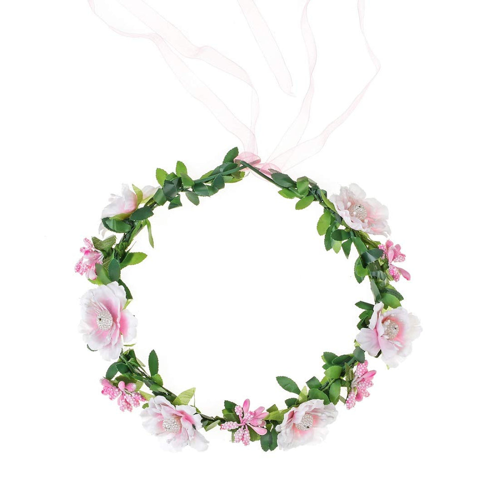 Wedding Hair Wreath Floral Garland Crown Headpiece Adjustable Rose Flower Crown (A-pink)