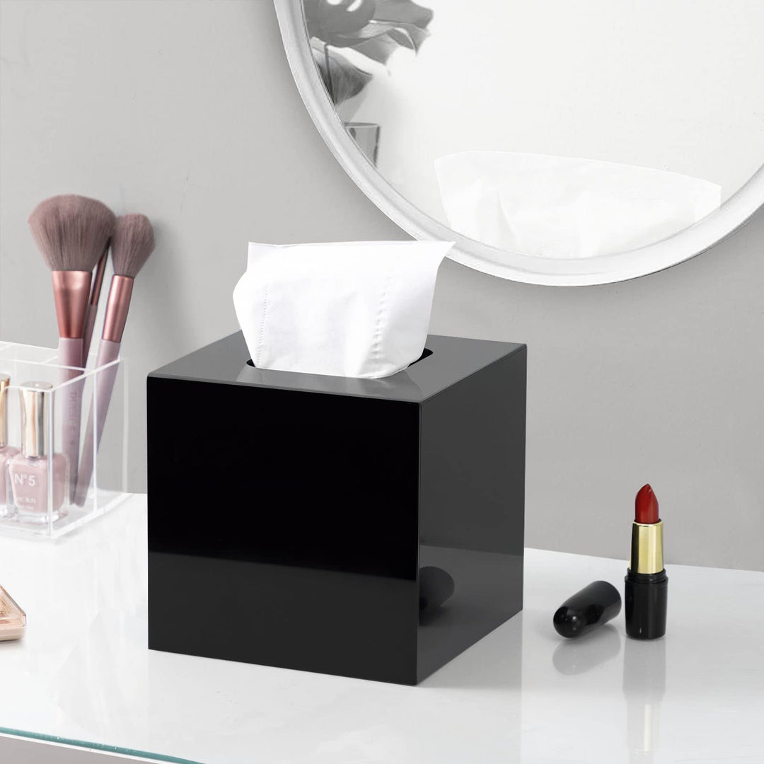 Facial Tissue Dispenser Box Cover Square Black Acrylic Mask Case Holder with Magnetic Bottom, Dryer Sheet Holder for Car, Bathroom, Laundry, Office, Counter and Table, 5.51 x 5.51 x 5.91 Inches