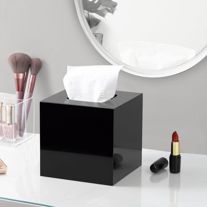 Facial Tissue Dispenser Box Cover Square Black Acrylic Mask Case Holder with Magnetic Bottom, Dryer Sheet Holder for Car, Bathroom, Laundry, Office, Counter and Table, 5.51 x 5.51 x 5.91 Inches