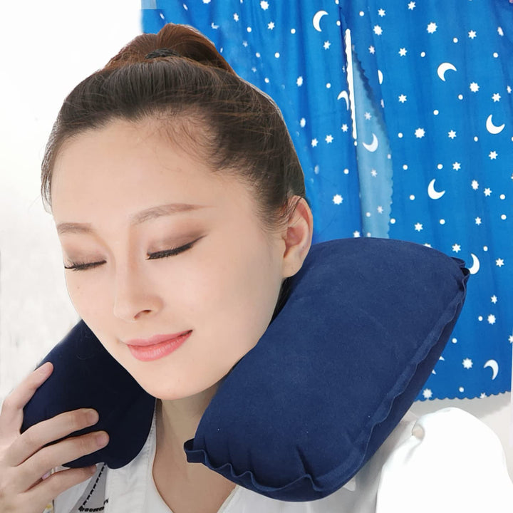 2 Pack U-Shaped Inflatable Travel Neck Pillow Flocked Fabric Air Pillow,Compact Travel for Airplanes Travel Light Inflatable Neck Pillow Support Head Neck/Lumbar for Traveling,Home (Navy-Blue)