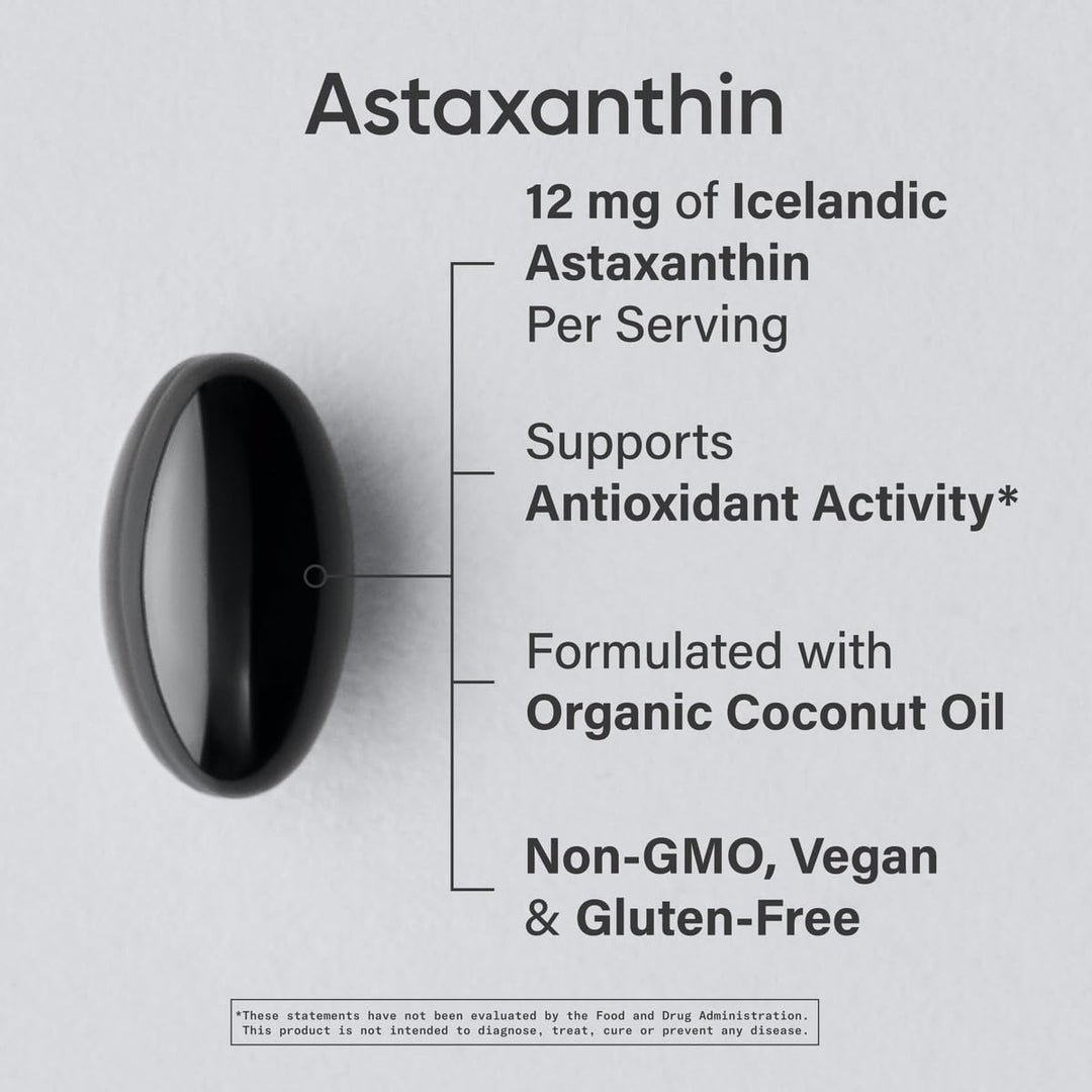 Triple Strength Vegan Astaxanthin Supplement from Algae - Plant Based Softgels for Antioxidant Activity, Skin &amp; Eye Health - Non-GMO Verified, Made with Coconut Oil - 12mg, 60 Count