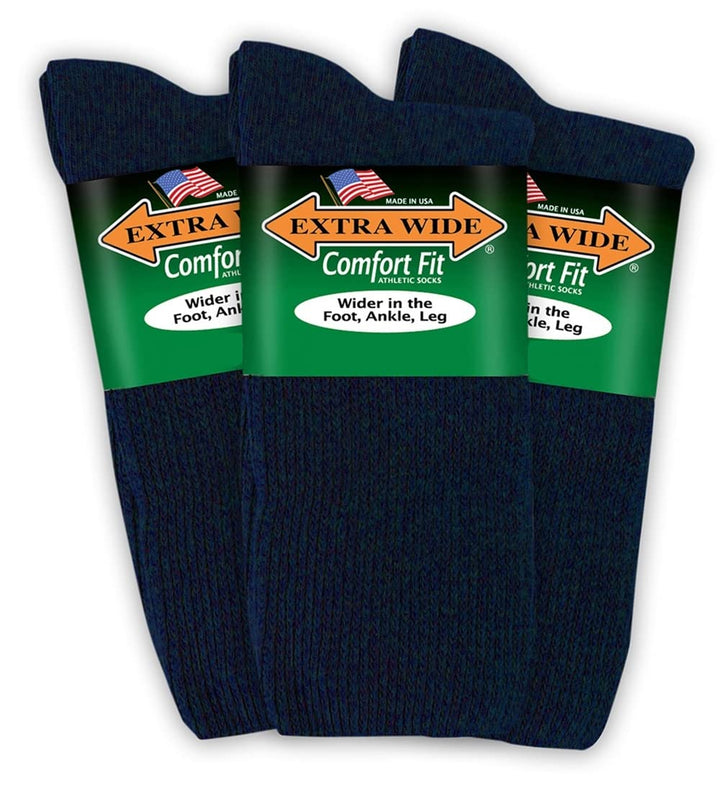 Extra Wide Comfort Fit Athletic Crew (Mid-Calf) Socks for Men and Women, Pick your size, Do not size up (Large, Large - Navy)