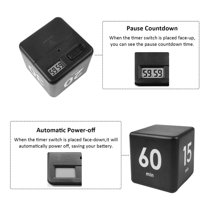 Cube Timer, Kid Focus Study Timer Kitchen Work Timer Time Block Cube Gravity Flip Time Block Cube 1-3-5-10 Minutes Time Management, Black
