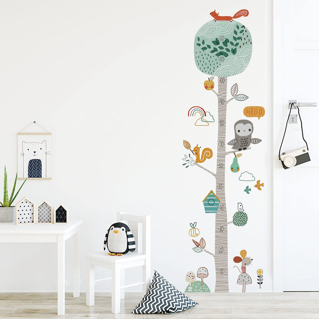 Kids Height Chart Wall Decals, Baby Growth Height Wall Ruler, Lovely Forest Animals Mouse Owl Squirrel Tree Height Measure Wall Stickers, Removable DIY Mural Decor for Kids Bedroom, Nursery, Classroom