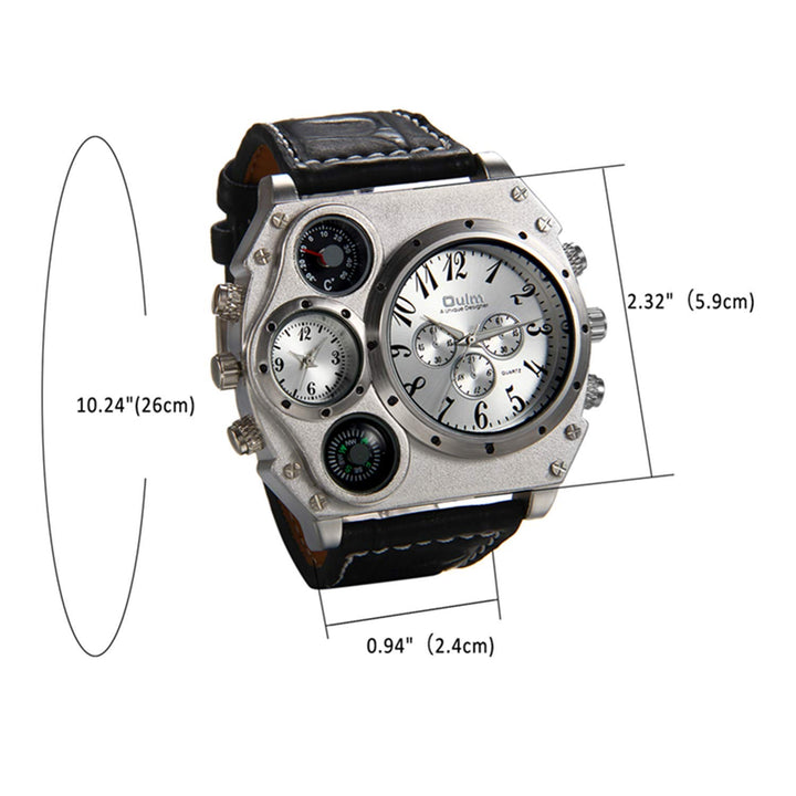 Mens Big Face Watch, Dual Time Zone Leather Strap Sport Watch, Analog Quartz Wrist Watch with Decorative Compass Thermometer Dial
