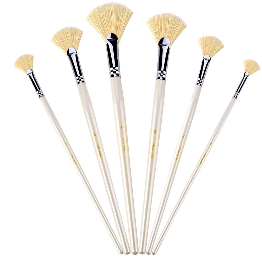 Fan Brush Set - Hog Bristle Natural Hair - Artist Soft Anti-Shedding Paint Brushes for Acrylic Watercolor Oil Painting, Long Wood Handle with Case, Set of 6