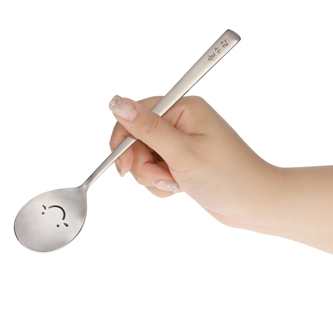 Korean Chopsticks and Spoon Set Combinations Reusable Long Handle Metal Stainless Steel Good for Gift Happy Face &amp; Hangul Characters Engraved Silver