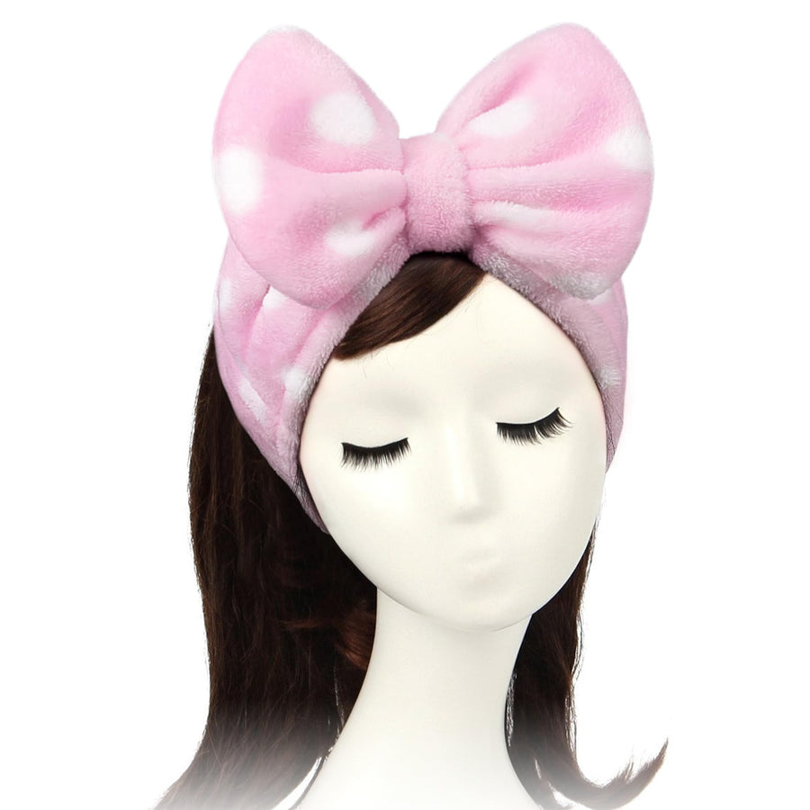 Women Fashion Lovely Soft Carol Fleece Bowknot Bow Makeup Cosmetic Shower Elastic Hair Band Hairlace Headband (pink polka dots)