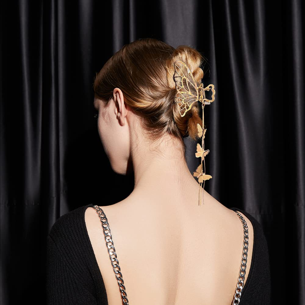 4 PACK Metal Big Gold Butterfly Hair Clips Clamp Tassel Nonslip Hair Claw Hair Accessories for Women Girls for Thinner Thick Hair Styling Fashion Hair Supplies