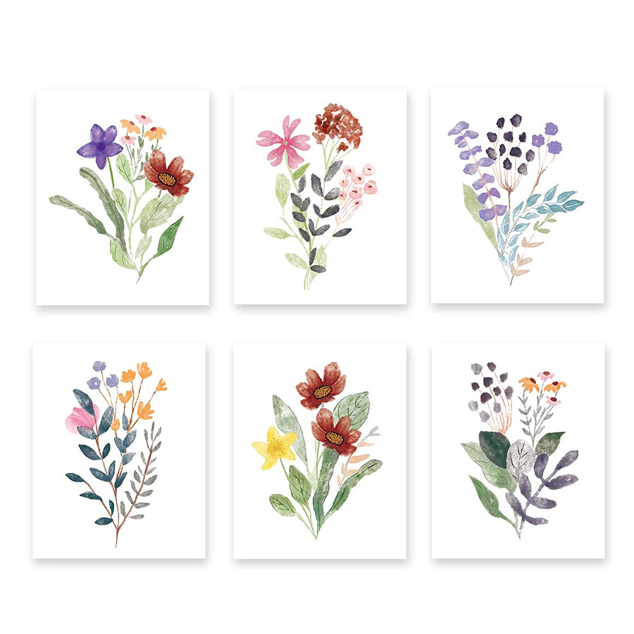 Watercolor Minimalist Wildflowers Art Print, Modern Botanical Plant Leaves Canvas Wall art (8x10x6pcs, Unframed), Colorful Floral Flower Print for Garden Farmhouse Bedroom Decor
