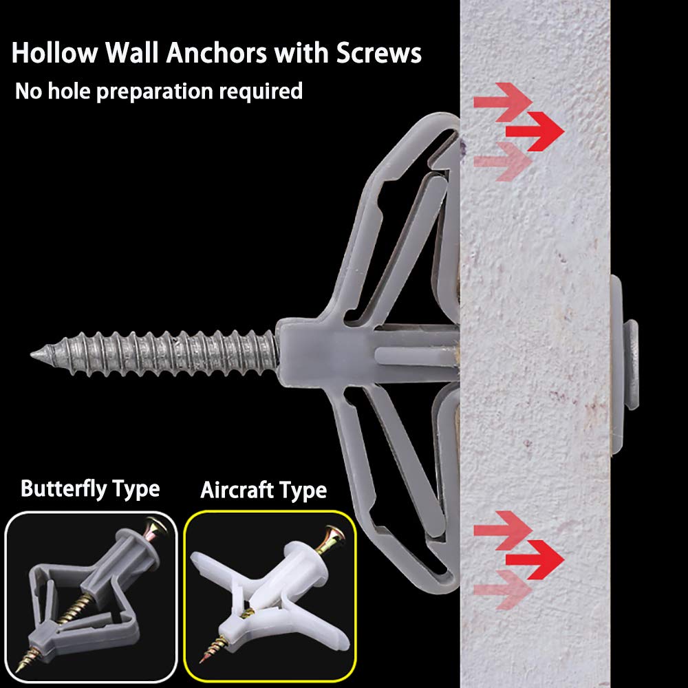 100Pcs Expansion Bolts Anchors Plugs Drywall Anchor Kit Self-Drilling Hollow Wall Anchors Plasterboard Plugs for Gypsum Board Wall Installation Fastener Hardware Without Screws