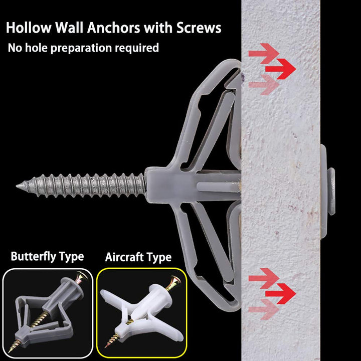 100Pcs Expansion Bolts Anchors Plugs Drywall Anchor Kit Self-Drilling Hollow Wall Anchors Plasterboard Plugs for Gypsum Board Wall Installation Fastener Hardware Without Screws