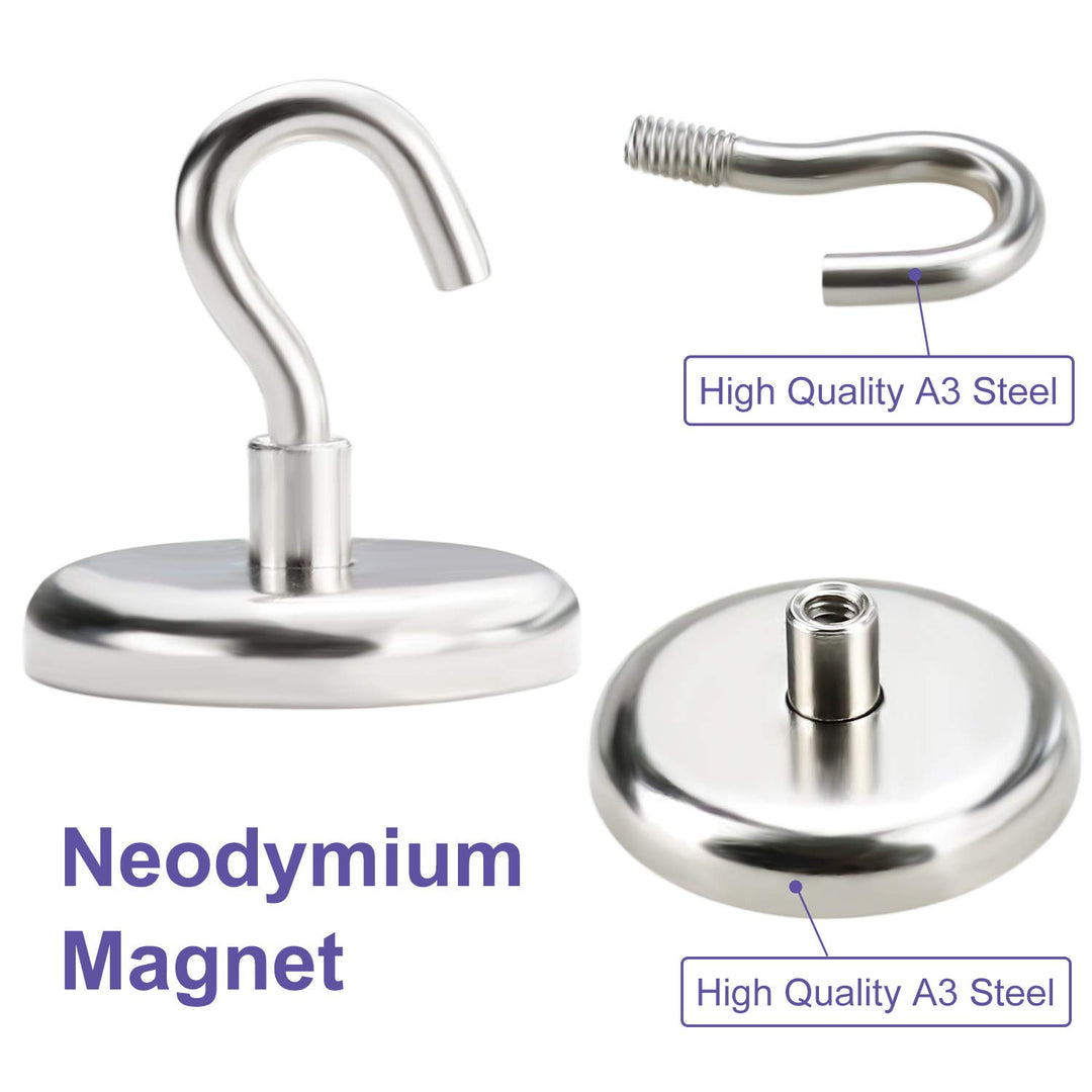 E BAVITE Heavy Duty Magnetic Hooks, Strong Neodymium Magnet Hook for Home, Kitchen, Workplace, Office and Garage, Hold up to 118 Pounds,32mm(1.26inch) in Diameter - 4pack, Silvery