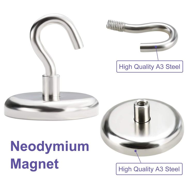 E BAVITE Heavy Duty Magnetic Hooks, Strong Neodymium Magnet Hook for Home, Kitchen, Workplace, Office and Garage, Hold up to 118 Pounds,32mm(1.26inch) in Diameter - 4pack, Silvery