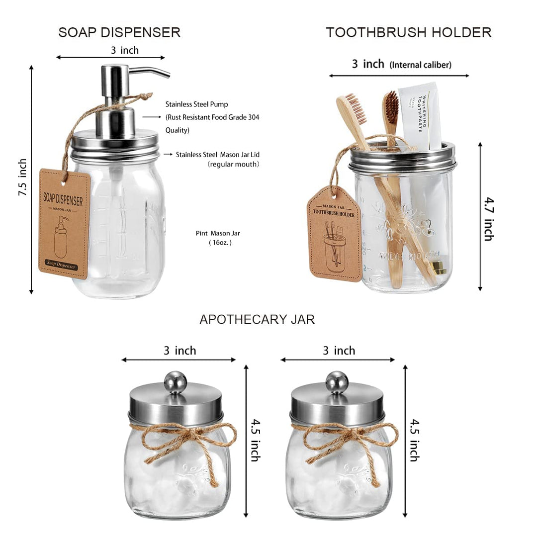 Mason Jar Bathroom Accessories Set 4 Pcs -Lotion Soap Dispenser &amp; 2 Cotton Swab Holders &amp; Toothbrush Holder - Rustic Farmhouse Decor, Bathroom Home Decor, Perfect Decorating Idea (Grey)