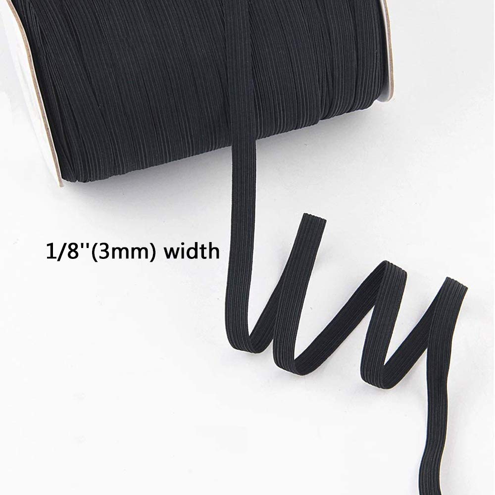 Black Flat Elastic Band Braided Stretch Strap Cord Roll for Sewing and Crafting 1/8 inch 3mm 200 Yards