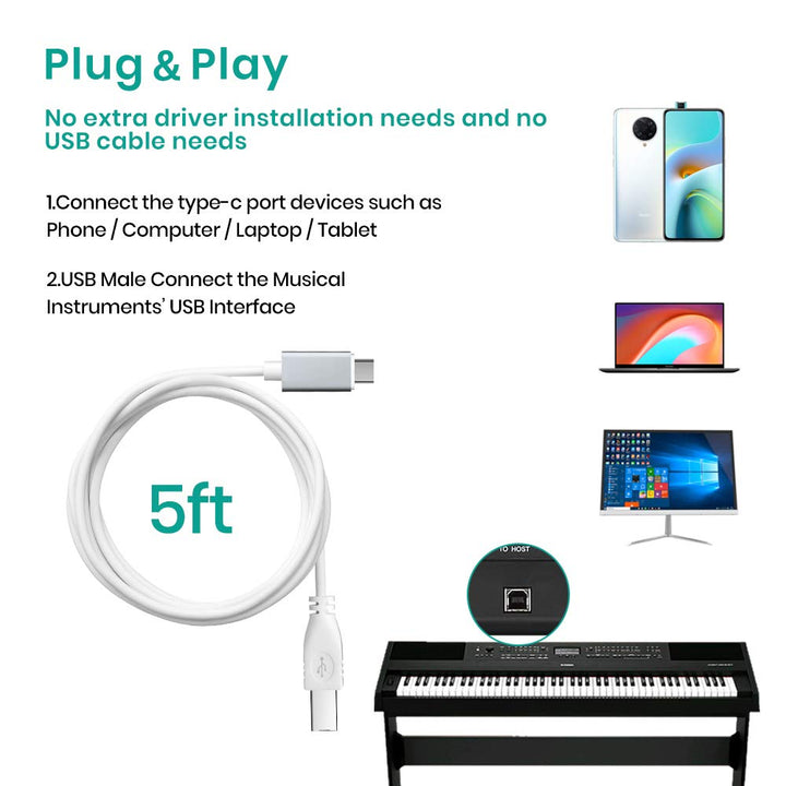 USB C MIDI Cable, Type C to USB 2.0 MIDI Interface Cable for Samsung, Huawei Laptop, MacBook to Connect with Printer, Midi Controller, Midi Keyboard, Audio Interface and More (5FT)