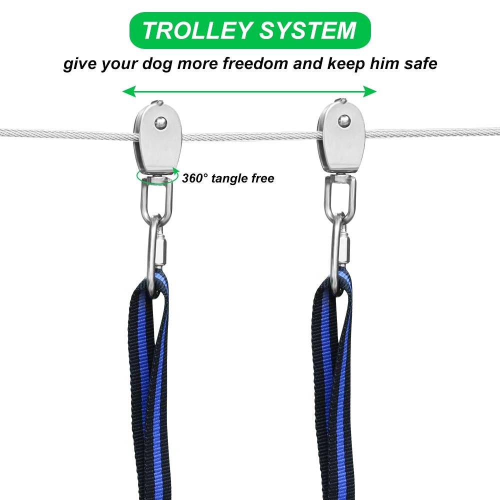 Dog Tie Out Cable, 100ft Dog Trolley Runner Cable for Dogs up to 250lbs, Dog Lead for Yard, Camping, Outdoor, with 8 Ft Nylon Bungee Runner, Cable Sling to Protect Trees