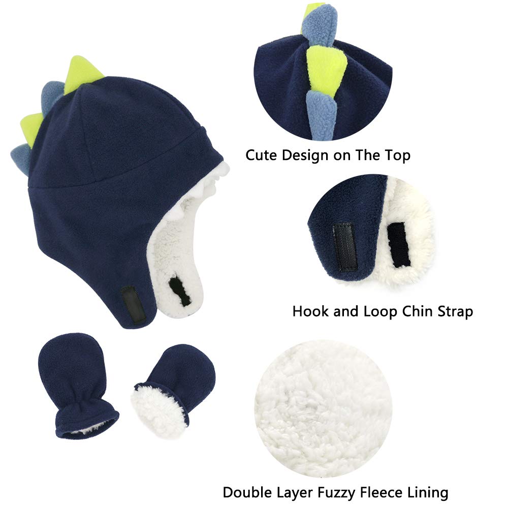 Baby Boy Sherpa Hats and Mittens Set Toddler Gloves Warm Fleece Winter Hat Baby Girl Dinosaur Navy 6-12 Months
