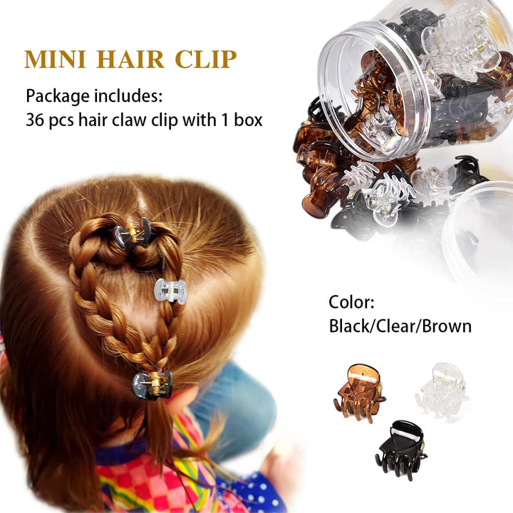 36 PCS Mini Hair Claw Clips for Women, 0.6 Inch Plastic Small Hair Jaw Clip Claws for Long Hair Kids Girls Hair Styling Gifts (Black, Brown, Clear)