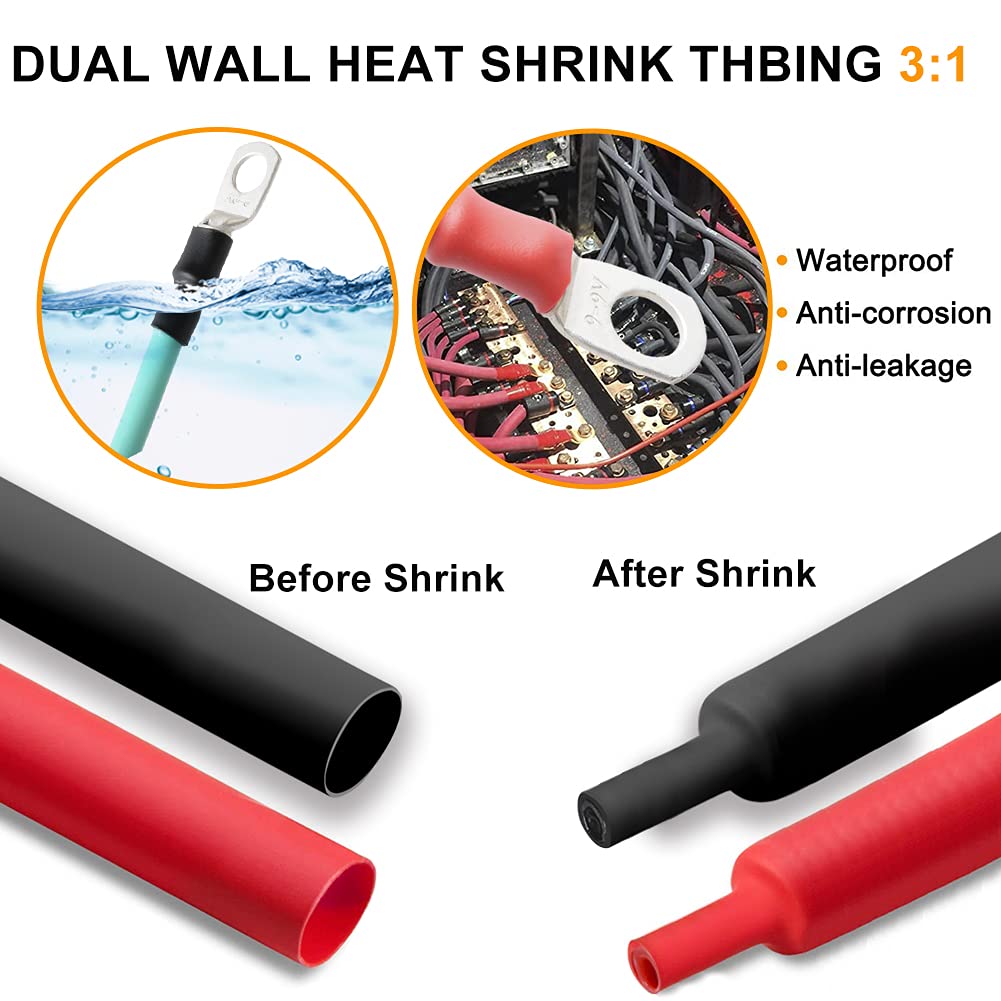 Battery Wire Lugs 12-10AWG 1/4 Stud(M6), 20pcs Heavy Duty Battery Cable Ends, Copper Eyelets Terminal Connectors,Tubular Ring Terminals with 3:1 Dual Wall Heat Shrink Tubing, TKL6-6