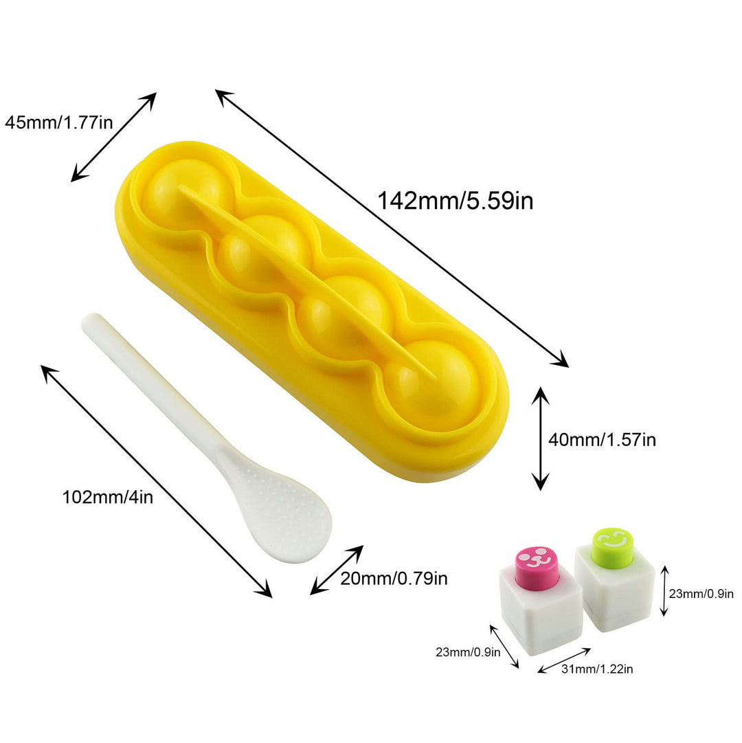 1Set with 4 Pcs Rice Ball Mould Shaker Ball Shape Sushi Maker Mould and 2 Smile Face Seaweed Punch Embossing Mould Kitchen Tools for Shake DIY Lunch with a Mini Rice Spoon