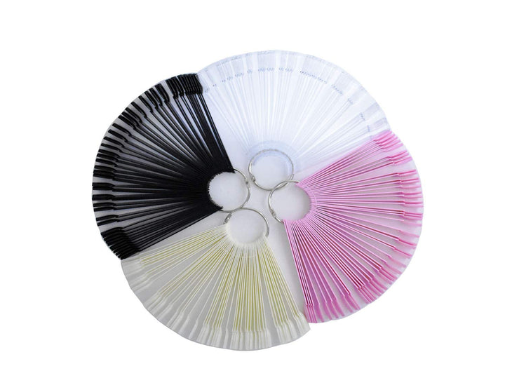 Art&amp;Beauty 4 Sets 200 Tips Fan Shape White Black Pink Clear Plastic Nail Art Tips Display Polish Board Display Practice Sticks with Metal Split Ring Holder