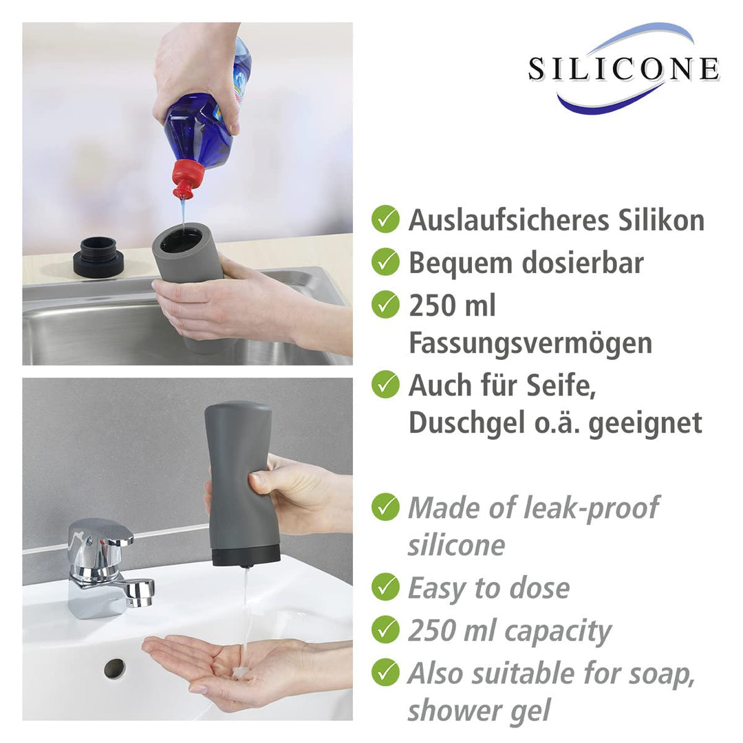 Dish Soap Dispenser for Kitchen Sink, Squeeze Bottle for Liquid and Hand Lotion, Round refillable Plastic Bottles, Easy to Fill and use, 8.5 oz, Gray, 2.4 x 2.4 x 5.5 in, Grey