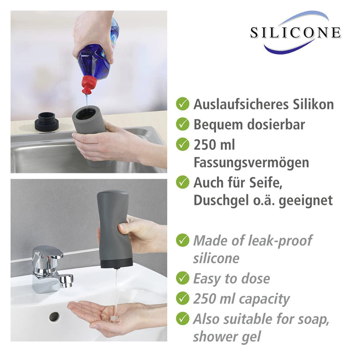 Dish Soap Dispenser for Kitchen Sink, Squeeze Bottle for Liquid and Hand Lotion, Round refillable Plastic Bottles, Easy to Fill and use, 8.5 oz, Gray, 2.4 x 2.4 x 5.5 in, Grey