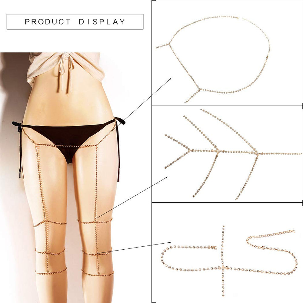 Sexy Rhinestone Body Chain Gold Layering Crystal Leg Chain Nightclub Thigh Chain for Women and Girls (Gold)