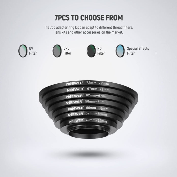 NEEWER 7PCS Step Up Rings Filter Adapter, 49-52mm, 52-5