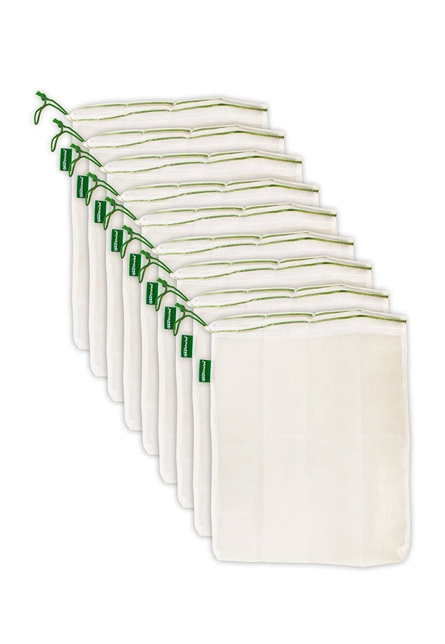 Reusable Mesh Produce Bags - Washable Set of 9 Premium Bags, TRANSPARENT Lightweight, Strong SEE-THROUGH Mesh for shopping, transporting and storing fruits and veggies.