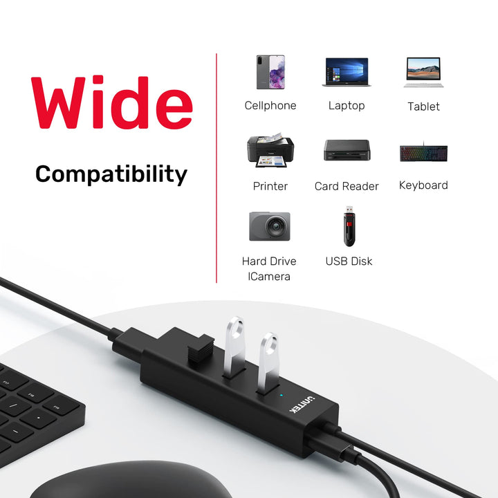 4-Port USB 3.0 Hub, 4 Ft Long Cable USB Extension Multiple Port Splitter with Micro USB Charging Port Compatible for Windows PC, Laptop,Flash Drive,Wireless Mouse Keyboard 1.2 M - Black
